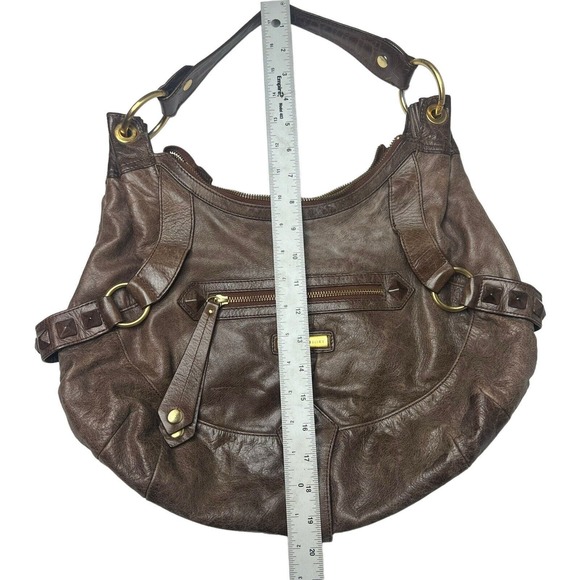 ISABELLA FIORE Women Brown Leather Gold hardware studded Boho shoulder bag Purs - Picture 7 of 8